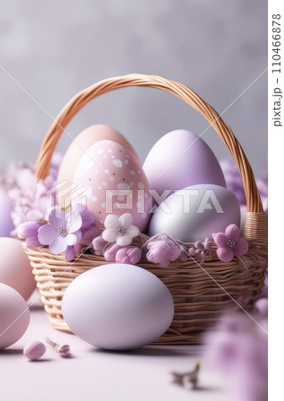 Celebrating Easter, holiday greeting card mockup with flowers and colored eggs. Spring backdrop. 110466878