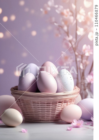 Celebrating Easter, holiday greeting card mockup with light bokeh, flowers and colored eggs. 110466879