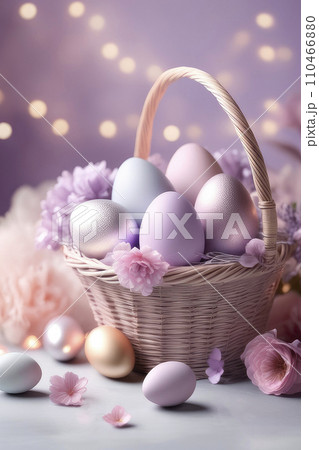 Celebrating Easter, holiday greeting card mockup with light bokeh, flowers and colored eggs. 110466880