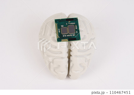 Human brain and computer chip. Human brain and computer chip. 110467451