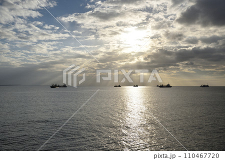 沖縄名護湾沖に停泊する辺野古埋め立て用の海砂・岩ズリ運搬船 110467720