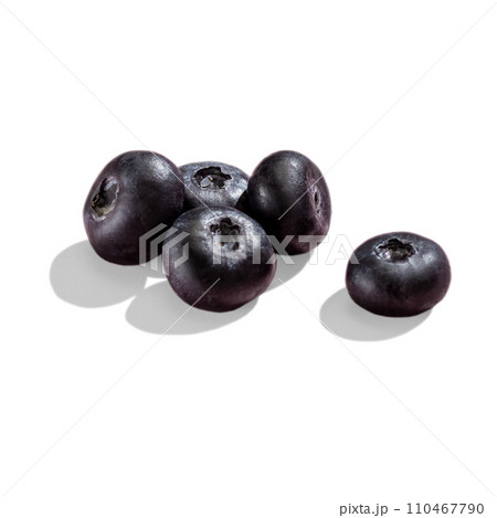 Group of 5 Blueberries berry with hard shadows close up isolated on a white background Group of 5 Blueberries berry with hard shadows close up isolated on a white background 110467790