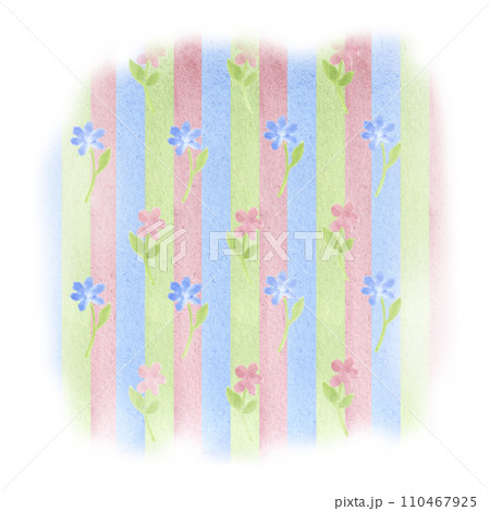 Watercolor wallpaper on the wall, stripes and flowers. Pink, green, blue. Multicolored vintage backdrop. Hand drawn illustration isolated on white background. To depict the room in the picture 110467925