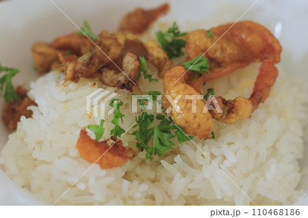 Close-up of a rice topped with fried crispy chicken skin or chicken chicharon and chopped parsley, local Filipino delicacy 110468186