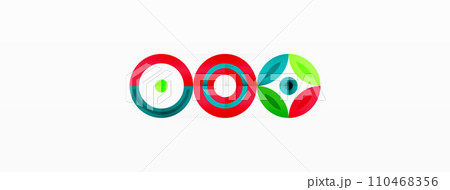 Abstract background - minimalist circles and round elements composition with varying sizes circles and other geometric shapes. The elements are arranged symmetrically in a grid-like pattern 110468356