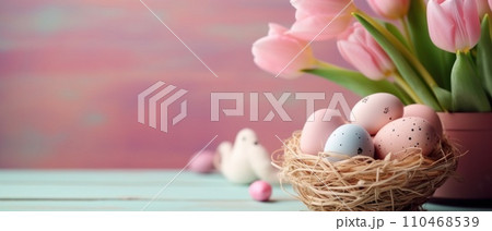 Easter composition with painted eggs. Generative AI 110468539