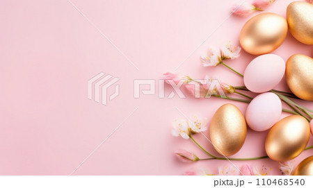 Easter pattern of pastel colorful eggs and spring flowers . Religion tradition. Generative AI 110468540