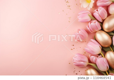 Easter pattern of pastel colorful eggs and spring tulips. Religion tradition. Generative AI 110468541