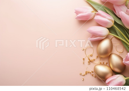 Easter pattern of pastel colorful eggs and spring tulips. Religion tradition. Generative AI 110468542