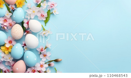 Easter frame of pastel colorful eggs. Religion tradition. Generative AI 110468543