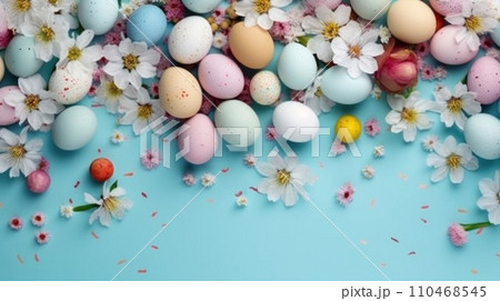 Easter frame of pastel colorful eggs. Religion tradition. Generative AI 110468545