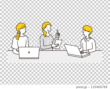 打ち合わせをする2人の女性会社員と男性会社員のイラスト素材 110468789
