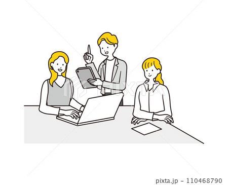 打ち合わせをする2人の女性会社員と男性会社員のイラスト素材 打ち合わせをする2人の女性会社員と男性会社員のイラスト素材 110468790
