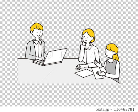 打ち合わせをする2人の女性会社員と男性会社員のイラスト素材 打ち合わせをする2人の女性会社員と男性会社員のイラスト素材 110468791