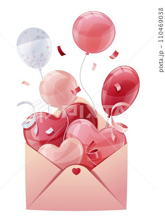 Balloons flying out of a envelope on a white background. Suitable for designing banners, greeting cards, posters, flyers for Valentine's Day, Mother's Day, etc 110469038