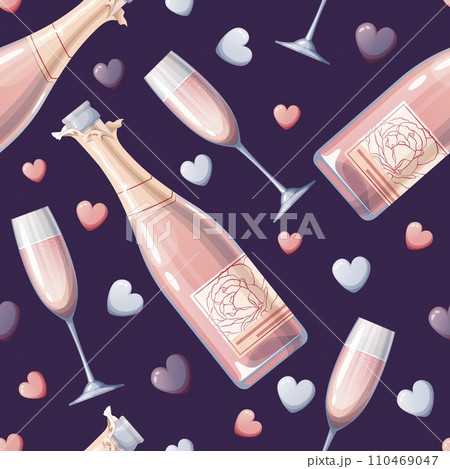 Seamless pattern with champagne bottle, glass and hearts. Great for wrapping paper, fabric, wallpaper, textiles. Background for Valentine's Day. 110469047