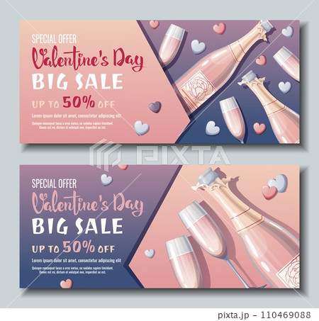 Set of banners for Valentine's Day .Background, poster, flyer with a bottle of pink champagne and glasses with hearts. Discount voucher template for love day. 110469088