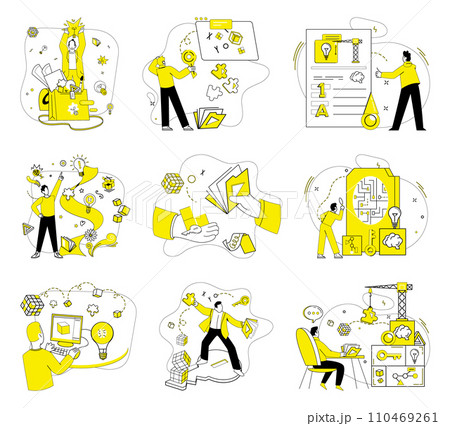 Creative process vector illustration. Creative actions birth solutions, woven from fabric nonstandard ideas Intelligence and intellect shape contours evolving creative process Development and change 110469261