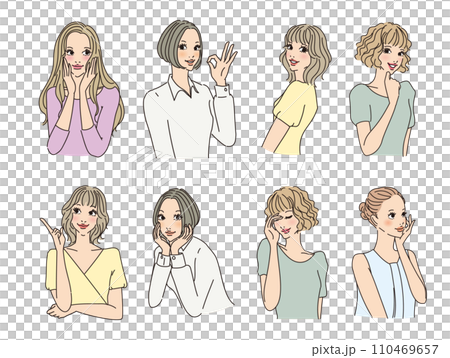 Stylish female upper body with various expressions Stylish female upper body with various expressions 110469657