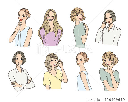 色々な表情のオシャレな女性上半身 110469659