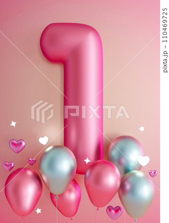 Pink, glossy number one on gradient background. 1 Year Old. First Birthday Celebration. Girls party. Baby girl celebrates. Special event. Anniversary of the beauty company, women's business. 3D. 110469725