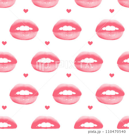 Trendy seamless pattern with halftone collage style lips with dotted texture. Old style background for Valentine's day decoration. Vintage vector illustration. 110470540