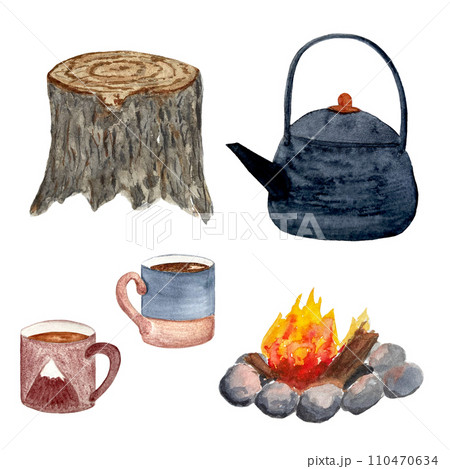 Watercolor camping kettle set bonfire mugs isolated on white 110470634