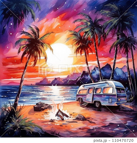 watercolor drawing, sunset landscape by the sea with a mobile home. car travel, beautiful tropical landscape with palm trees and sea 110470720