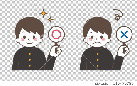 マルバツを持つ男性のイラスト。 マルバツを持つ男性のイラスト。 110470789