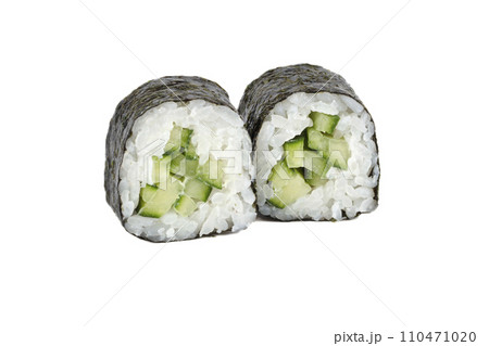 Sushi closeup isolated on white background. Sushi with seaweed nori rice and daikon or cucumber. 110471020