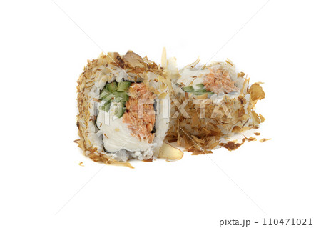 Cheap version of sushi rolls on a white background. Japanese food of rice and tuna  110471021