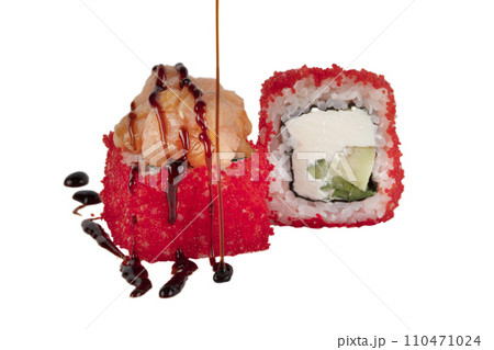 Sushi is rolled in red artificial caviar with rice,  Sushi is rolled in red artificial caviar with rice,  110471024