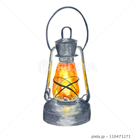 Watercolor silver lantern vintage illustration isolated on white. Travel set Watercolor silver lantern vintage illustration isolated on white. Travel set 110471271
