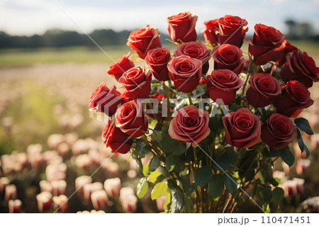 Digital painting of a beautiful rose that stands out in the middle of blurred rose garden. White clouds float and sunlight falls beautifully. Suitable for use as greeting cards for various occasions. 110471451
