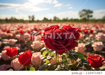Digital painting of a beautiful rose that stands out in the middle of blurred rose garden. White clouds float and sunlight falls beautifully. Suitable for use as greeting cards for various occasions. 110471467