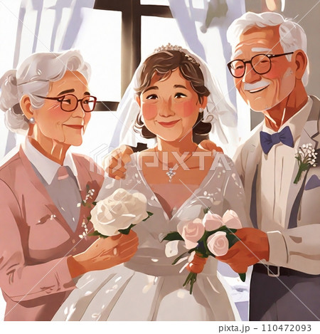 孫の結婚を喜ぶ老夫婦 孫の結婚を喜ぶ老夫婦 110472093