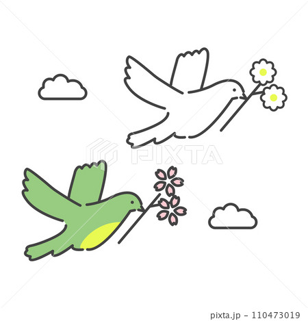 花をくわえて空を飛ぶ鳥たち 110473019