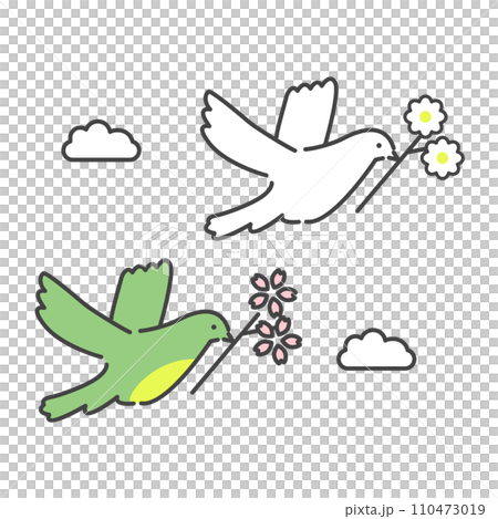 花をくわえて空を飛ぶ鳥たち 110473019