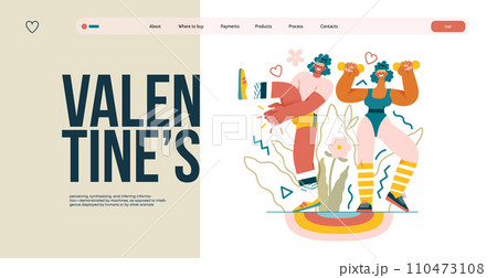 Valentine: Fitness Duo - modern flat vector concept illustration of a couple engaging in a fun aerobics workout together. Metaphor for the strength and vitality of their partnership 110473108