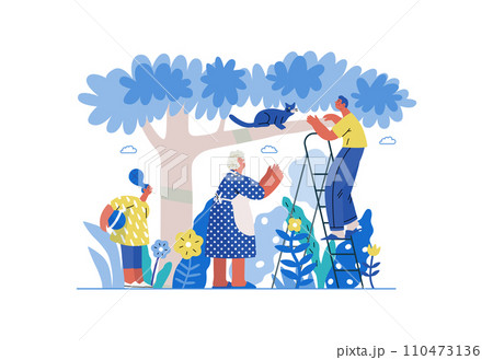 Mutual Support: Rescue cat from tree -modern flat vector concept illustration of elderly woman and man on a ladder under the tree Metaphor of voluntary, collaborative exchanges of resource, services 110473136
