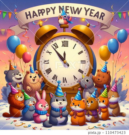 かわいい動物たちが集う新年初めのあいさつ かわいい動物たちが集う新年初めのあいさつ 110473423