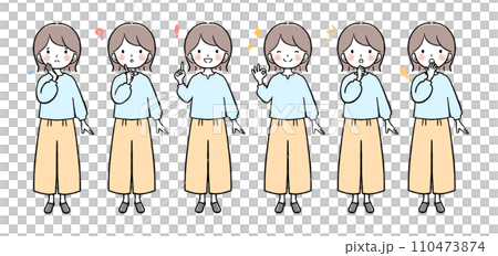 具有不同面部表情的女性全身姿勢 具有不同面部表情的女性全身姿勢 110473874