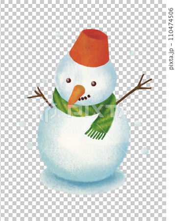 バケツとマフラーをつけた優しい雰囲気の雪だるまのイラスト バケツとマフラーをつけた優しい雰囲気の雪だるまのイラスト 110474506