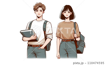 シンプルな服装の笑顔で立っている大学生の男子と女子 110474595