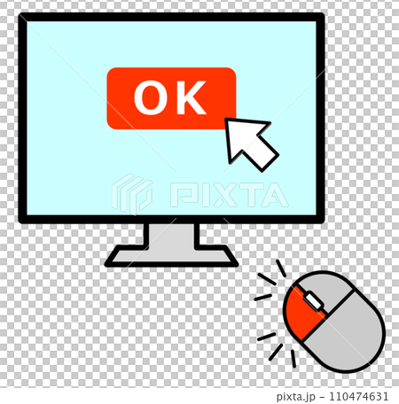 Illustration of confirming by double-clicking the OK icon on the computer screen with the mouse Illustration of confirming by double-clicking the OK icon on the computer screen with the mouse 110474631