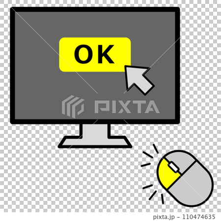 パソコン画面のOKアイコンをマウスでダブルクリックして決定するイラスト 110474635