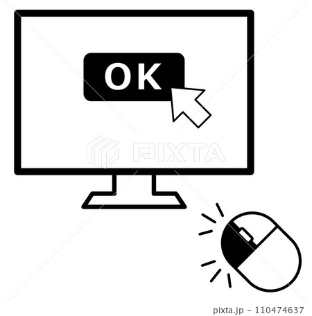 パソコン画面のOKアイコンをマウスでダブルクリックして決定するイラスト 110474637