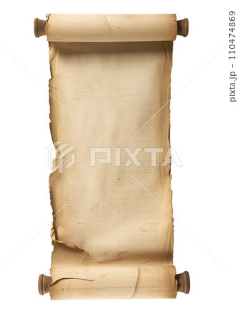 Old scrolled parchment with textured edges and copy space isolated on white 110474869