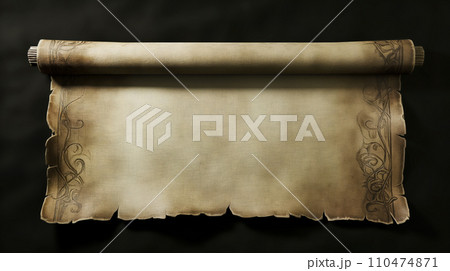 Rolled canvas scroll with intricate floral patterns with copy space against dark background 110474871