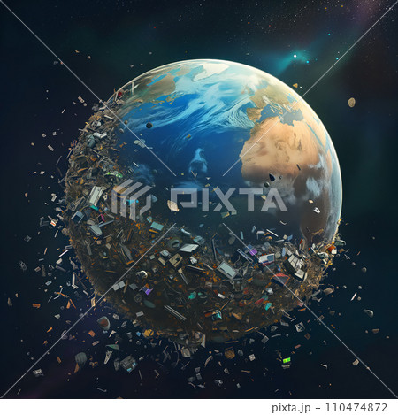 Earth covered with trash and surrounded by debris, highlighting the issue of space waste 110474872